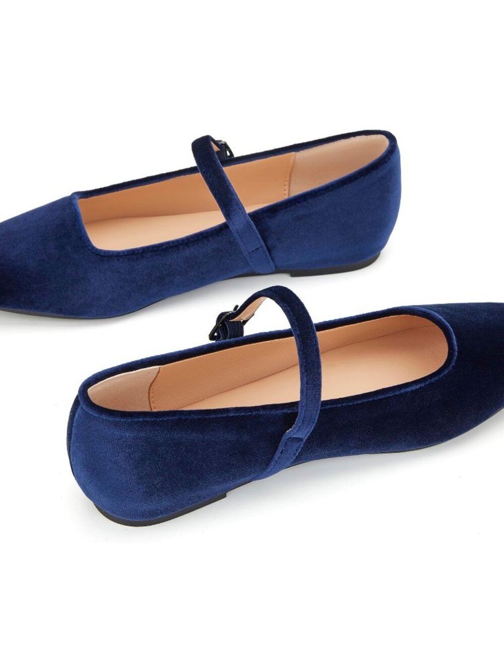 Women's Velvet Blue Comfortable Ankle Strap Square Toe Mary Jane Ballet Flat - Picture 4 of 6